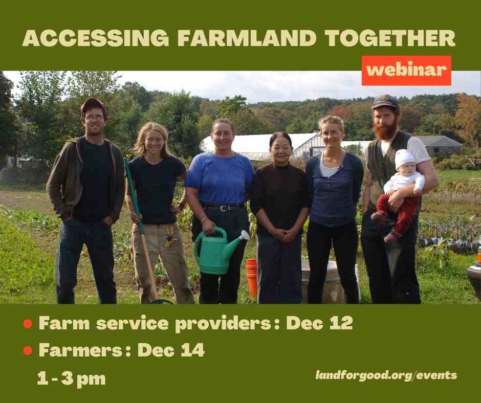 Accessing Farmland Together webinar advertisement. Picture of a group of farmers farming on land together.