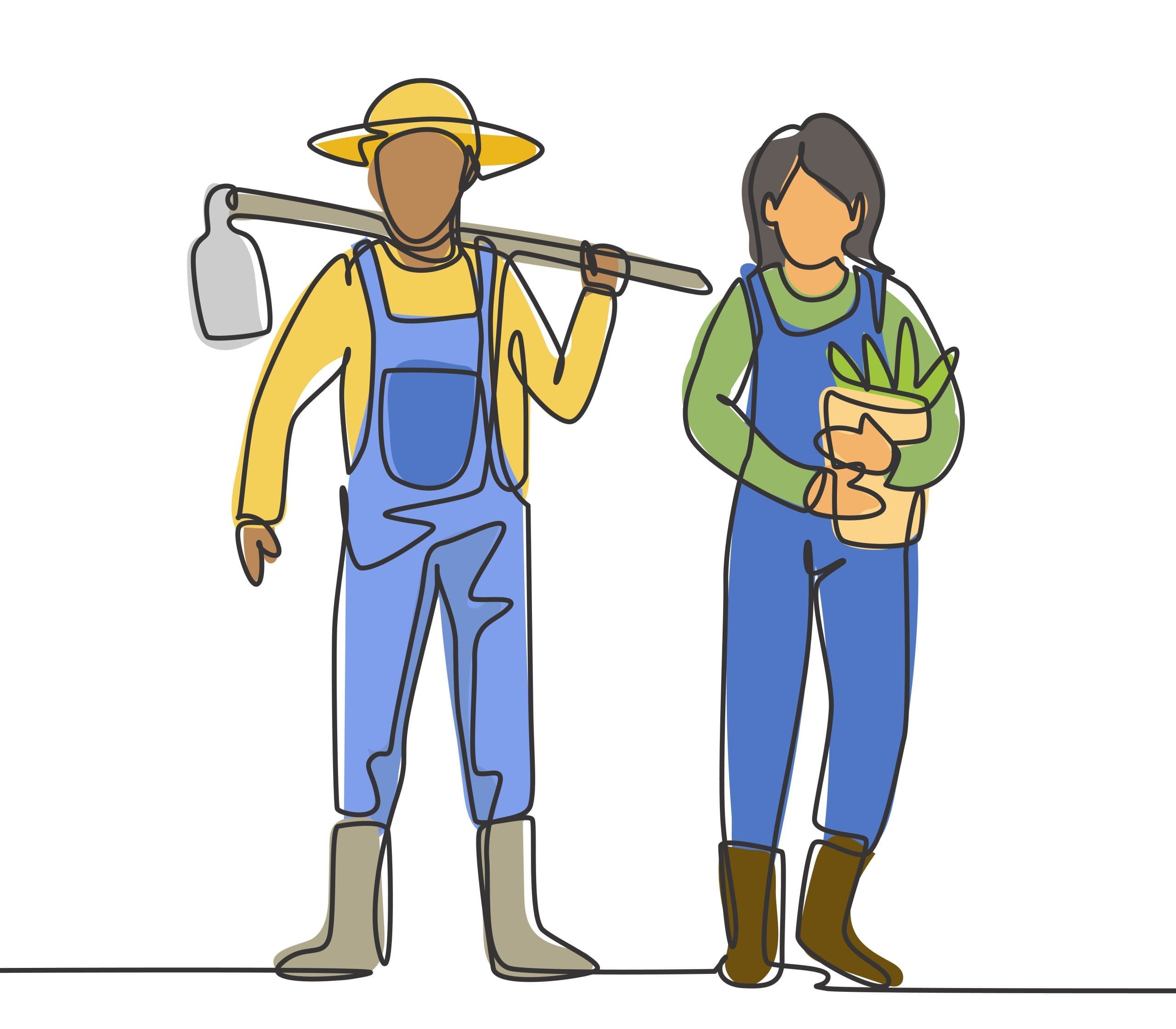 Single continuous line drawing young couple farmer shouldered hoes on his shoulders and carried buckets ready go to farm. Farming minimalism concept. One line draw graphic design vector illustration