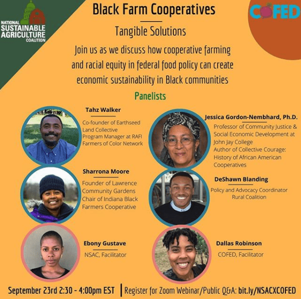 Advertisement for Black Farm Cooperatives panel discussion hosted by NSAC and CoFed